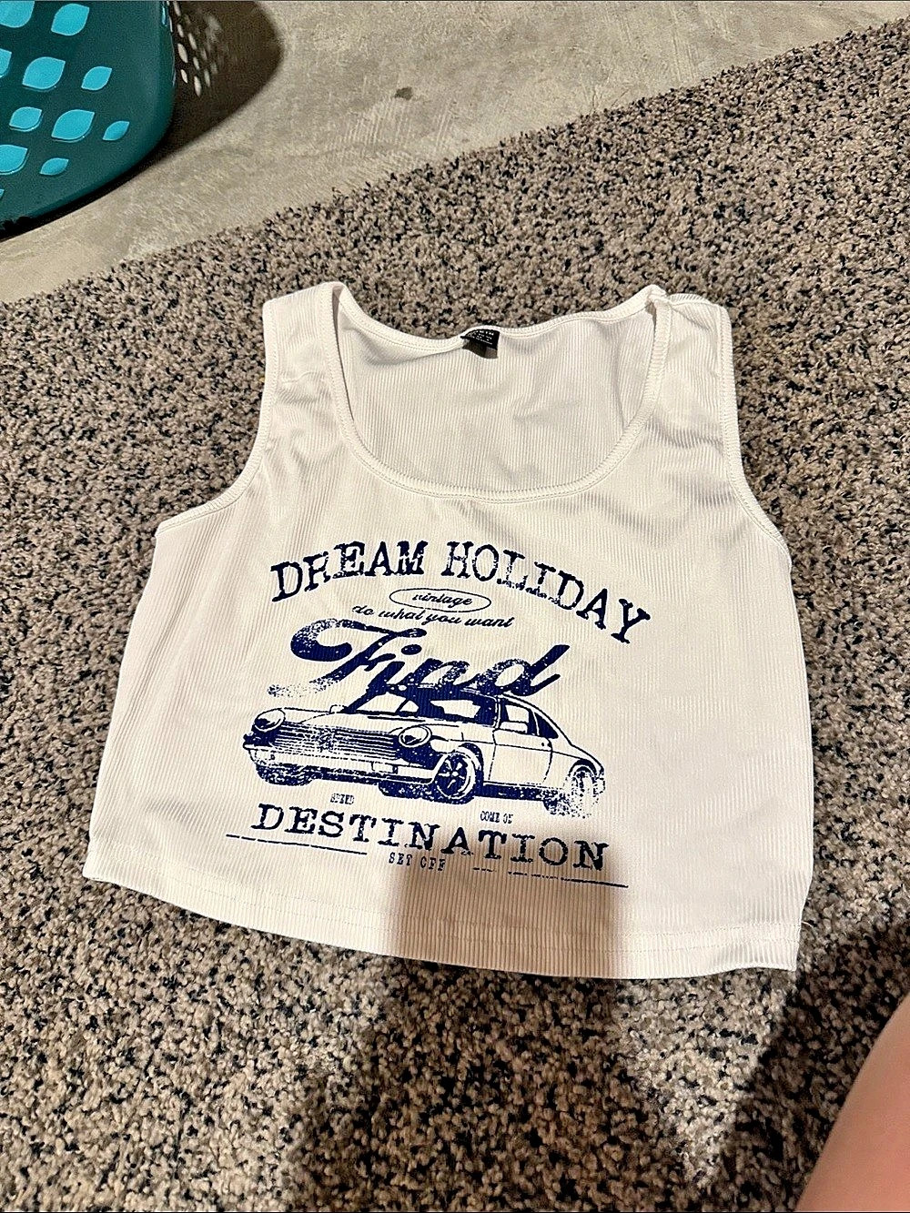 SHEIN EZwear Car & Letter Graphic Crop Tank Top White & Blue Small